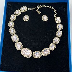 Heidi Daus Pink Crystal Bronze Tone Necklace Clip Earrings 16 to 20 Inch in Box